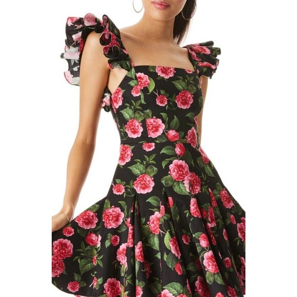 Alice + Olivia Ginny Godet Mini Dress Square Neck Ruffle Sleeves Floral Romantic - Picture 4 of 14